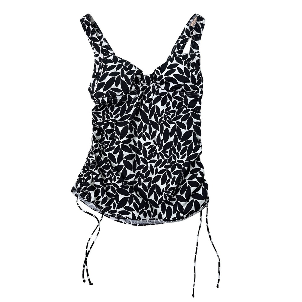 Lands' End Womens Tankini Swim Top Sz 6 Black White Leaf Print Ruched Drawstring